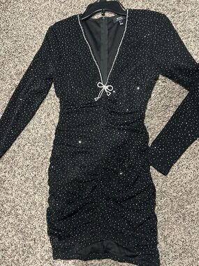 privy Black Sparkle Ruched V-Neck Mini Dress with Bow